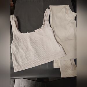 EUC creme ribbed yoga pants and crop sports bra